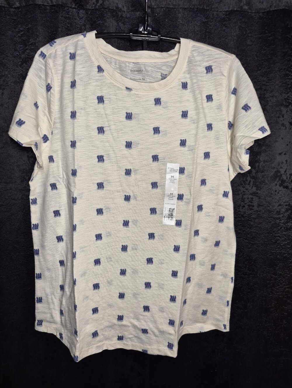 Cream Short Sleeve Tee with Blue Pattern